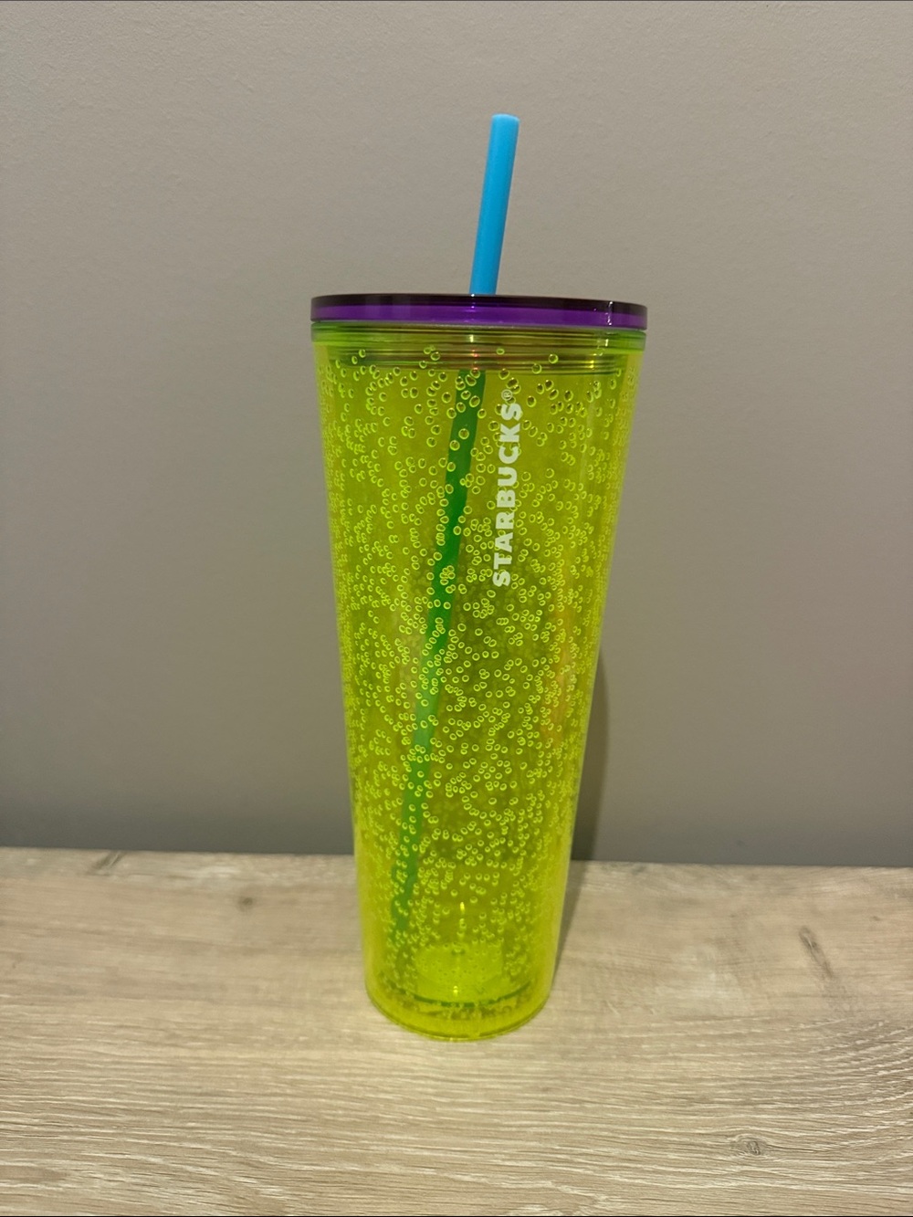 Starbucks Neon Yellow Bubble Tumbler with Purple Lid and Blue Straw BNWT